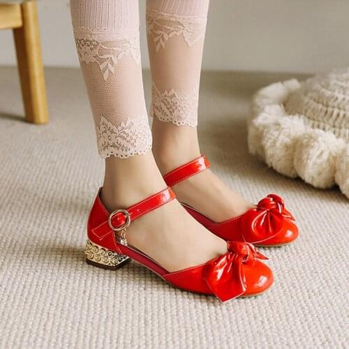 26-40 Large Size Small Size Girls Student Sandals Red White Casual Shoes Dance Shoes Bow Thick Heel