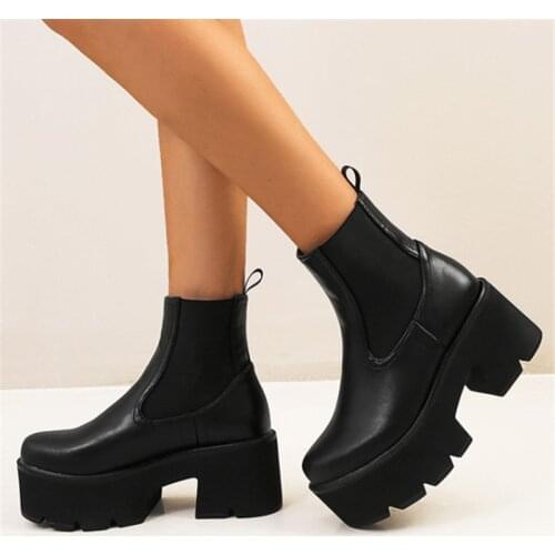 PXELENA Women Platform Boots Chunky Block High Heels Punk Rock Gothic Chelsea Combat Boots Plus Size 35-44 Motorcycle Shoes 2020