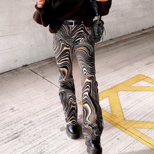 Women Wide Leg Pants Water Ripple Abstract Print Design Straight Trousers Elegant Color Block Female Slacks Matching Stylish