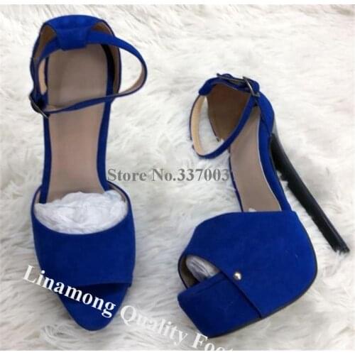 Linamong Newest Peep Toe Suede Leather High Platform Stiletto Heel Pumps Sexy Blue Super High Heels Formal Club Dress Shoes