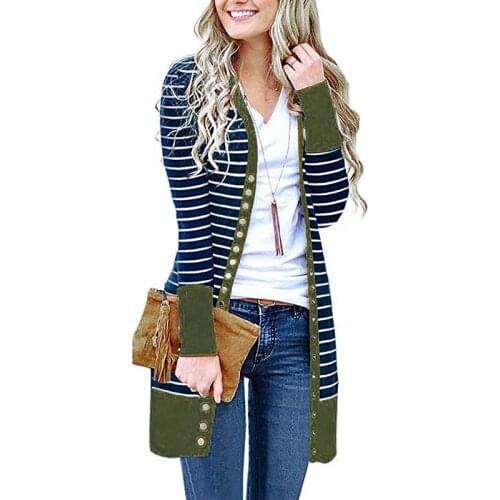 New Ladies Long Sleeve Casual Coat Outwear Spring Womens Striped Long Cardigan Autumn Femme V-Neck Multicolor Plus Size Coat