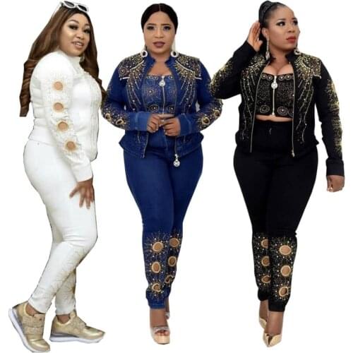 HOUSEOFSD Elegant 3 Piece Set Women Sexy Crop Tops & Jacket and Pencil Pants Sets For Womens Beaded Zipper Denim Suit Outfit