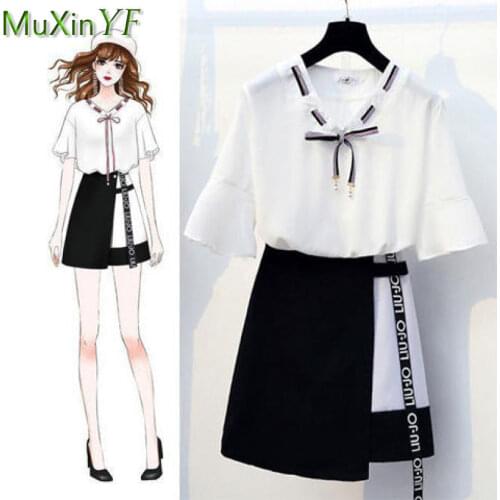 Summer Skirt Womens 2021 New Chiffon Fashion Dress Shorts Skirt Suit Korean Thin Sweet Bow-Knot Top Midi Skirts Two-Piece Set