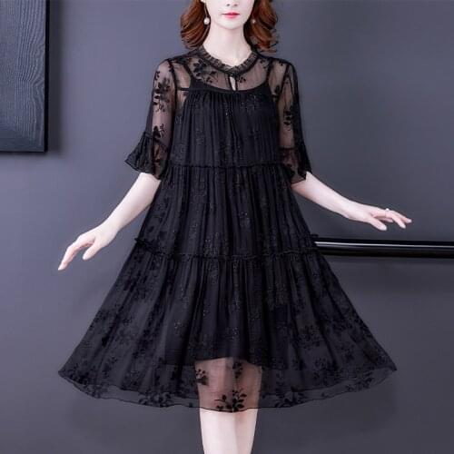 Summer Black Lace Embroidery Casual Loose Midi Dress 2021 Vinatge 5XL Plus Size Solid Dress Women Elegant Bodycon Party Vestidos
