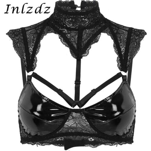Womens Lingerie Bra Top Sheer Lace Erotic Sex Costume Halter Neck Patent Leather Cups Bra Hollow Out Wire-free Unlined Crop Tops