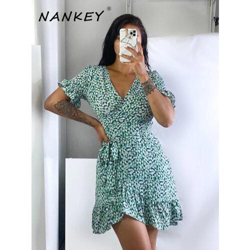 NANKEY Bohemian Women Short Sleeve Wrap Mini Dress 2021 Spring Floral Printed Women Elegant Casual Ruffle Sashes Dress with belt