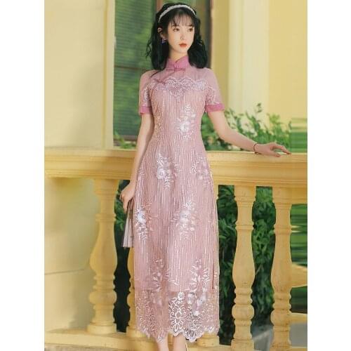 Summer New Chinese Style Womens Retro Heavy Industry Embroidery Slim Dress Literary Mesh Half High Neck Stitching Long Dress