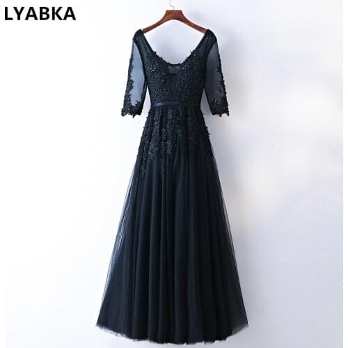Robe De Soiree V-neck Evening Dress High Quality Evening Dresses Half Sleeve Black Tulle With Applique Evening Dresses Long 2020