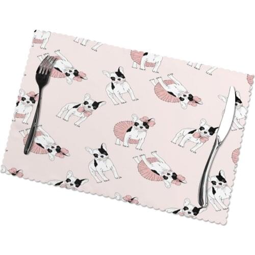 6 PCS Placemat Table Mat Frenh Bulldog Girl Pattern For Tables Heat-insulation Linen Kitchen Dining Pads