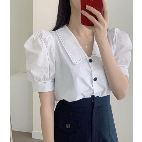 Shintimes Button White Blouse Turn-Down Collar Vintage Woman Clothes 2020 Summer Short Sleeve Shirt Women Tops Chemisier Femme