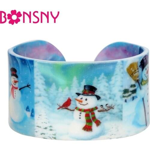 Bonsny Acrylic Merry Christmas Snowman Bangles Bracelets Craft New Year Party Decoration Jewelry For Women Girls Teens Bijoux