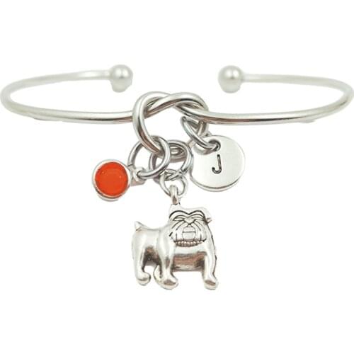 Bulldog Animal Retro Creative Initial Letter Monogram Birthstone Adjustable Bracelet Fashion Jewelry Women Gift Pendant