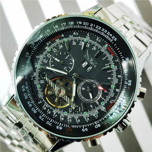 Jaragar Black Silver Tourbillon Automatic Mechanical Watch Men Date Display Stainless Steel Band Watches For Man Montre Homme