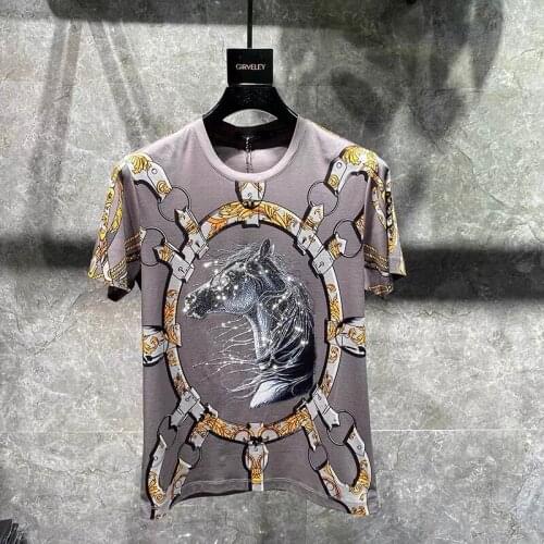 Mens Summer Luxury 3D Gold Chain Printed Baroque Brand T-Shirt Royal Horse Shiny Diamond Hip-Hop Classic Top Short Sleeve