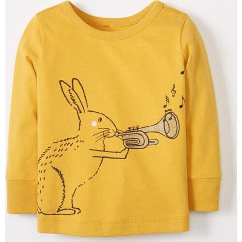 Little Maven New Autumn Spring Kids Yellow Bunny Rabbit Trumpet O-neck Full- sleeved Cotton Knitted Girls Casual Tshirts Tee