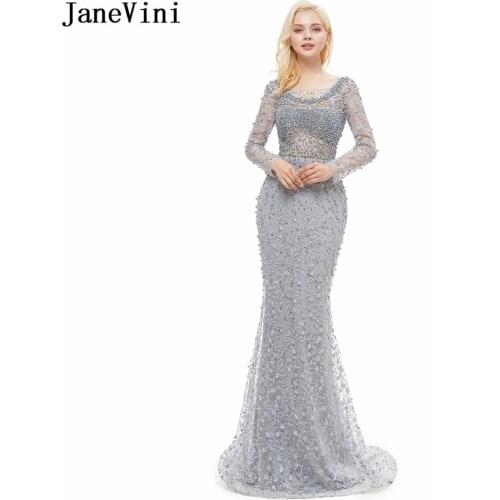 JaneVini Luxury Beaded Gray Mermaid Lace Prom Dresses Long Sleeves Full Pearls Dubai Prom Party Gowns Backless Vestidos Fiesta
