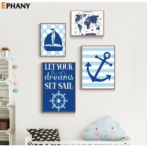 Nautical Sea Nursery Painting Sailboat Adventure Canvas Poster Sail Around The World Print Wall Picture Nordic Kid Room Decor