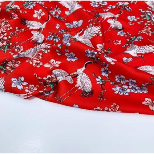 150cm width red crane satin print cloth polyester vintage chiffon fabric dress skirt scarf fabric for patchwork upholstery