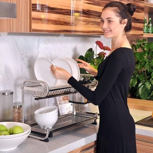 Kitchen 304 stainless steel dish drain rack drain basket wall hanging double rack Give 4pcs hook