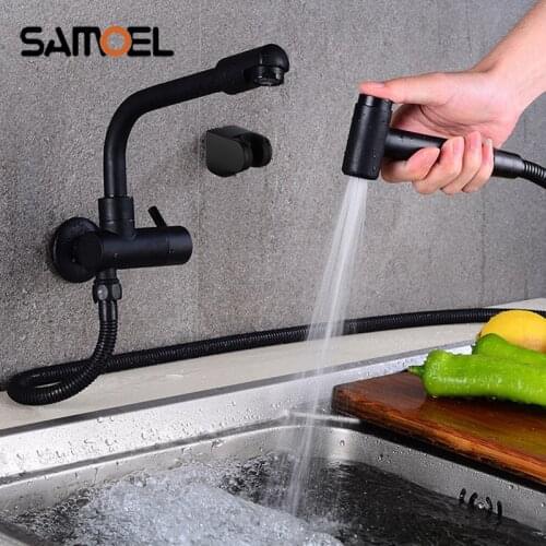 Brass wall mounted cold water matt black kitchen sink faucet with spray gun mop pool taps B3305