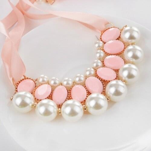 Clearance Sale Elegant Pearl Ribbon Necklace Lady Geometric Alloy Jewelry Necklace Pearl Ribbon