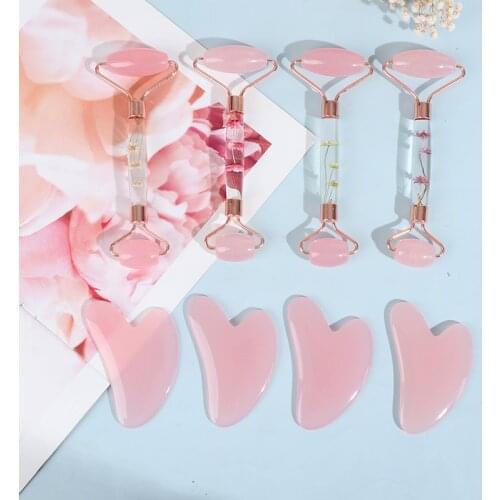 Face Massage Jade Roller Rose Quartz Natural Stone Gua Sha Slimmer Lift Wrinkle Double Chin Remover Beauty Care Slimming Tools