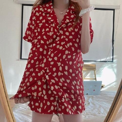 Korean Sweet Women Turn-down Clooar Cute Cartoon Short Sleeve Pajamas Set Summer Sexy Female Plus Size Milk Shreds Red Sleepwear