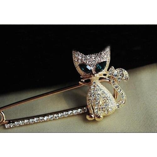 Fashion Crystal Brooch Lapel Pin Pins Accessories Green Kitten Women Wedding Hijab Pins Jewelry Corsage Gift Bride Wedding