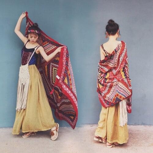 Fashion All-Match 2021 Sun Protection Shawl Cotton And Linen Tassel Colorful Geometry National Style Shawl 180*90cm Beach Scarf