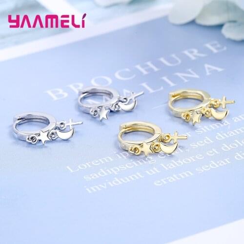 Fashion 925 Sterling Silver Small Star Moon Cross Charm Hoops Earrings Ear Jewelry For Women Girl Party Gifts Bijoux Accessories