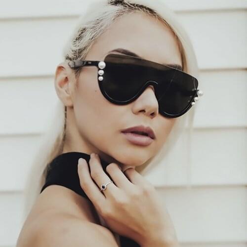 Round Pearl Designer Half Frame Sunglasses Wom en Men High Fashion Blue Pink Mirrored Glasses Oversized Black Shield Sunglasses