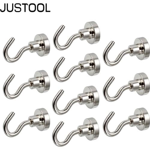 JUSTOOL 10/20 Pcs D16mm Neodymium Magnets Hook Strong Magnetic Hooks Heavy Duty Wall Hooks Hanger Key Coat Cup Hanging Hanger