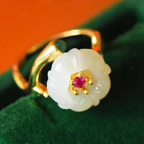 New Silver Inlaid Natural Hetian White Jade Plum Ring Niche Craft Fairy Fresh Romantic Women Opening Adjustable Brand Jewelry