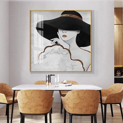Nordic Hand Drawn Lines Beauty with Hat and Red Lipswall Art Canvas Painting Prints Posters Wall Picture Living Room Home Decor
