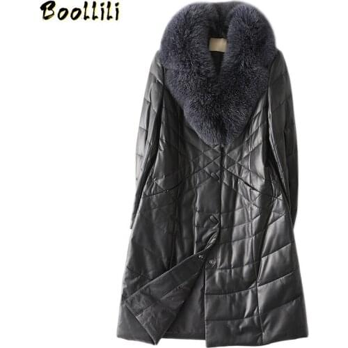 Boollili Womens Leather Jacket Winter Genuine Leather Sheepskin Coat Real Fox Fur Collar Long Overcoat Korean Leather Jackets