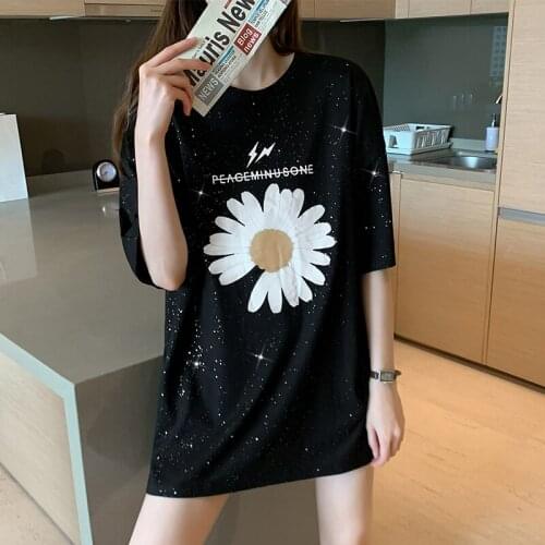 Print Sunflower and Letter Squien Vogue T Shirt Woman Short Sleeve M-2XL Plus Size T Shirt Ladies Casual Women Tops and Shirts