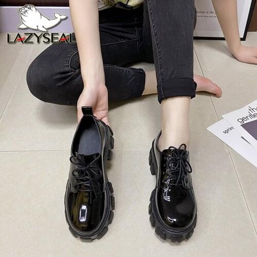 Lazyseal 5cm High Heels Platform Lace Up Size 43 Women Shoes Round Toe Rock Shoes Women Motorcycle Newrock Patent Leather Boots