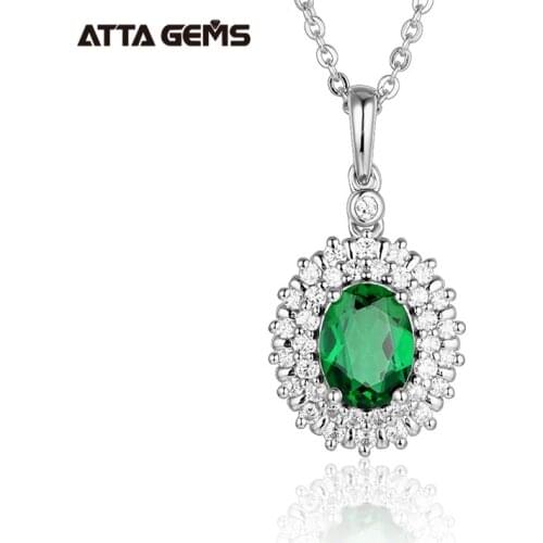ATTAGEMS 18K White Gold Diamond Emerald Pendant Necklaces for Women 100% 925 Sterling Silver Gemstone Fine Jewelry Necklace