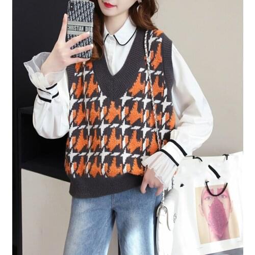 2021 Winter Women Plaid Sweater Vest Sleeveless V-neck Knitted Jumpers Korean Fashion Ladies Soft Pullovers Warm Tops Outwears