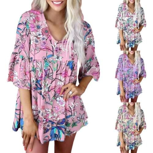 Women Top Floral Print Loose Summer Round Neck Ruffled Sleeve T-shirt for Dating