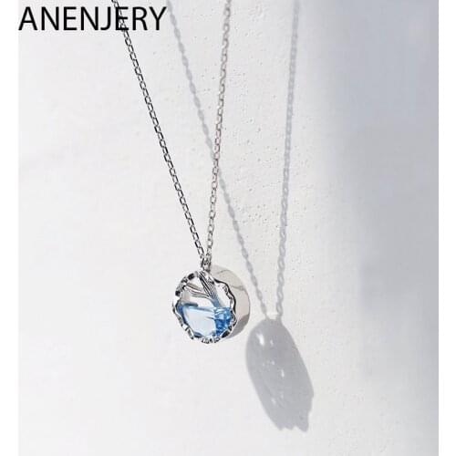 ANENJERY 925 Sterling Silver Fantastic Blue Zircon Mermaid Tail Charm Necklace For Women Clavicle Chain Necklace S-N527