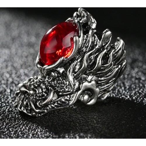 2021 New Red Crystal Dragon Head Rock Roll Rings for Men Women Punk Open Size Adjustable Ring Dating Valentine Day Jewelry Gift
