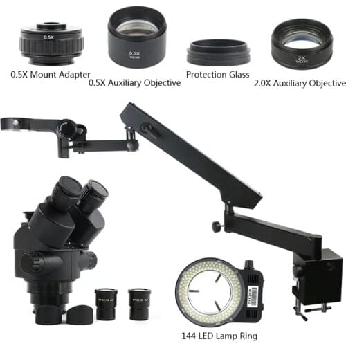 3.5-90X Simul Focal Trinocular Stereo Zoom Microscope 144 LED Light Multifunction Articulating Arm Pillar For Lab Repair