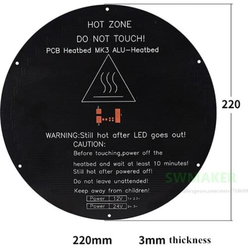 12V / 24V Round 220mm 3D printer Delta Rostock Kossel PCB heated bed 3mm thickness for MK3 3D printer parts
