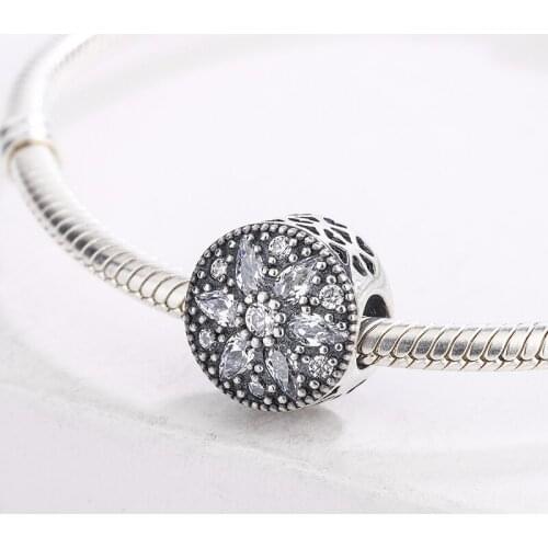 925 Sterling Silver CZ Transparent Zircon Round Flower Pendant Charm Bracelet DIY Jewelry Making For Original Pandora