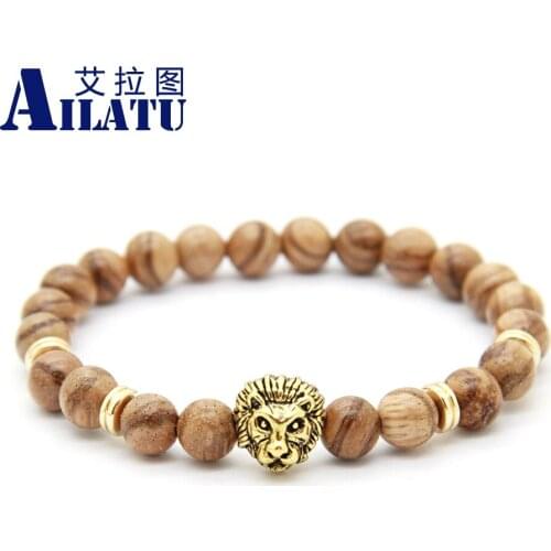 Ailatu Exquisite Men Jewelry Gifts High Quality New Arrival 8mm Natural Wood Beads Lion Head Bracelet