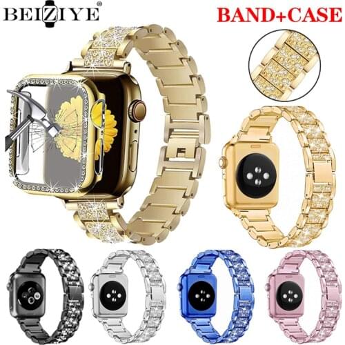 Diamond Strap+Protective Case For Apple Watch Band 38mm 42mm 40mm 44mm Metal Stainless Steel Bracelet For iWatch Series SE 6 5 4
