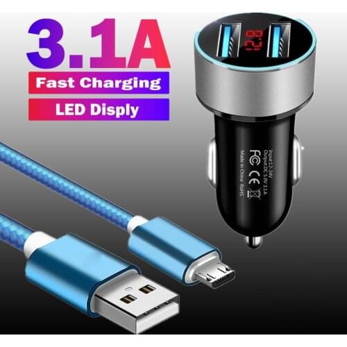 3.1A Fast Charing LED Display Dual USB Car Charger For Xiaomi Redmi 7 Realme C21 Samsung S7 Micro USB Nylon Braided Data Cable