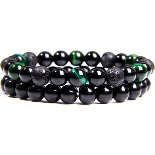 2pcs/set Men Natural green tiger eye black lava stone beads bracelet for men homme energy handmade bracelets jewelry gifts women