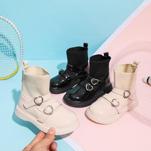 Children Leather Shoes Autumn 2021 Girl Knit Set Foot Socks Shoes Girls Simple Single Shoes Sweet School Shoes Sweet Hot Warm